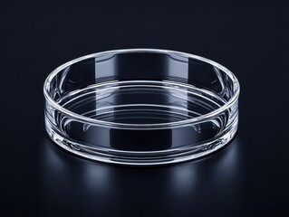 A pristine glass petri dish sits on a sleek, dark reflective surface.