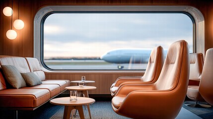 Inside a premium airport lounge, offering comfort and views of the runway.