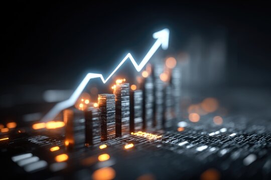 Glowing upward graph rising above dark circuit board