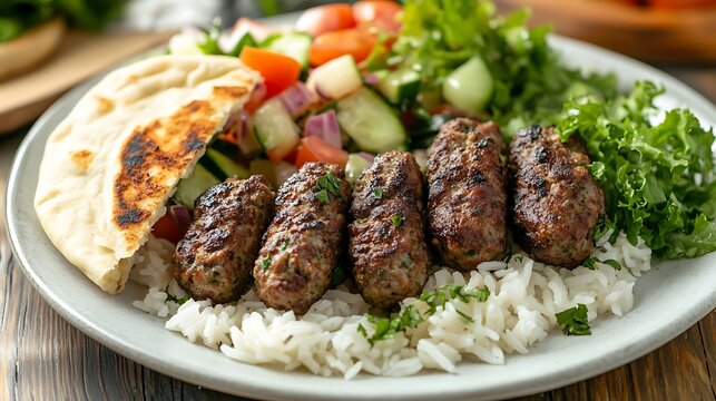 Beef kofta with rice pita bread and a greek salad