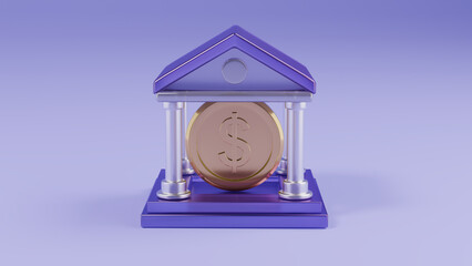 정면에서 본 3D 은행 아이콘과 금색 달러 동전 