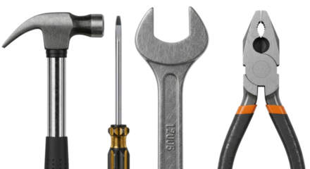Assortment of Handyman Tools including a Hammer Wrench and Pliers cutout isolated on transparent bg, png