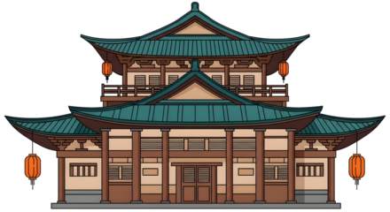 Vector/isometric image of a temple in East Asian architectural style. The building is rectangular with yellow walls, a typical green tiered roof, and a white pagoda in the center of the inner courtyar