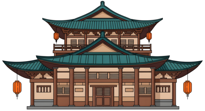 Vector/isometric image of a temple in East Asian architectural style. The building is rectangular with yellow walls, a typical green tiered roof, and a white pagoda in the center of the inner courtyar
