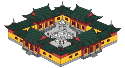 Vector/isometric image of a temple in East Asian architectural style. The building is rectangular with yellow walls, a typical green tiered roof, and a white pagoda in the center of the inner courtyar