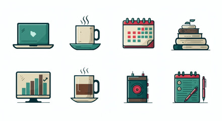 Modern Flat Style Vector Icons Representing Office Work, Planning, and Daily Routine Essentials for Productivity and Business