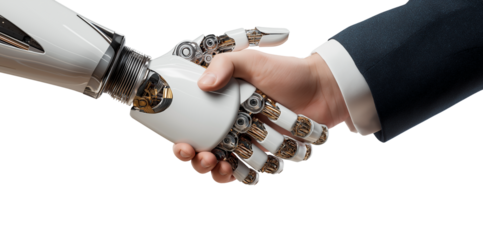 Photograph of an AI robot woman against a white background, in profile view. She has robotic parts on her face and neck, a transparent glass-like skin that reveals the internal mechanical components, 