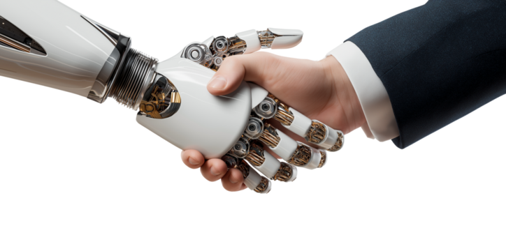 Photograph of an AI robot woman against a white background, in profile view. She has robotic parts on her face and neck, a transparent glass-like skin that reveals the internal mechanical components, 