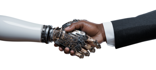 Photograph of an AI robot woman against a white background, in profile view. She has robotic parts on her face and neck, a transparent glass-like skin that reveals the internal mechanical components, 