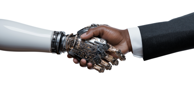 Photograph of an AI robot woman against a white background, in profile view. She has robotic parts on her face and neck, a transparent glass-like skin that reveals the internal mechanical components, 