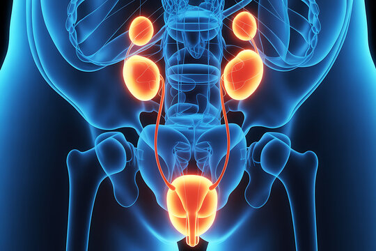 professional 3d rendering of the male urinary system with kidneys ureters bladder urethra and pelvic organs for urology anatomy healthcare and medical education