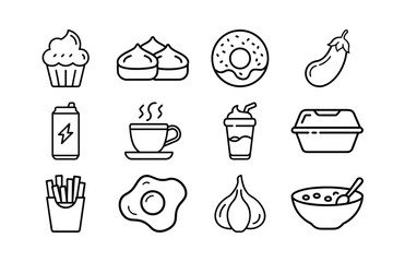 Assortment of sweet and savory food icons in line art