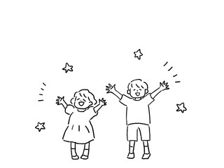 両手を広げて笑顔の小さい男の子と女の子、兄妹、線画