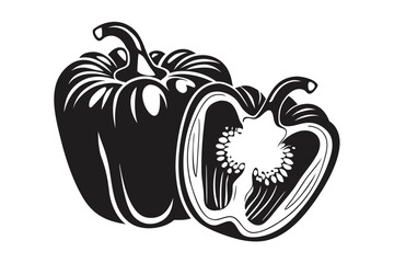 Black and White of Bell Peppers Whole and Sliced on White Background