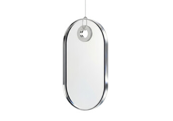 A sleek, iridescent silver oval acrylic tag with a precision hole, suspended on an invisible wire against a transparent studio background with copy space, luxury product concept
