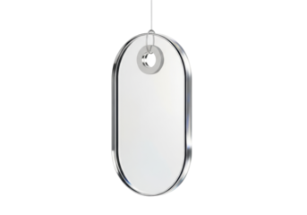 A sleek, iridescent silver oval acrylic tag with a precision hole, suspended on an invisible wire against a transparent studio background with copy space, luxury product concept
