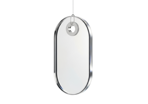 A sleek, iridescent silver oval acrylic tag with a precision hole, suspended on an invisible wire against a transparent studio background with copy space, luxury product concept