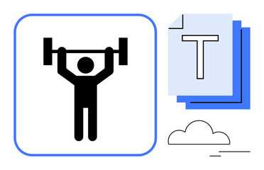Person lifting barbell representing strength, framed documents with text symbolizing data, cloud for digital themes. Ideal for fitness, productivity, digital tools, healthy lifestyle, cloud storage