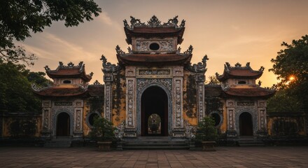 Fototapeta premium The grand entrance of an ancient temple stands majestic against a warm, golden sunset sky.