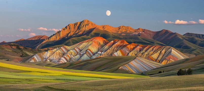 A surreal landscape featuring vibrant rainbow hued mountains in a dreamlike setting