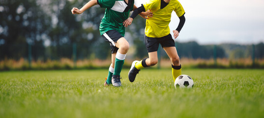 Kids Playing Soccer Match Outdoors – Youth Football Training, Team Sports, Healthy Activity,...
