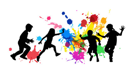 Children playing and colorful paint splashes vector illustration for creative projects and designs ideas
