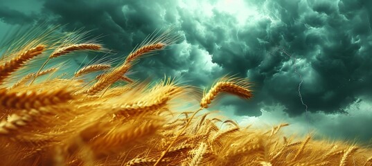 Dramatic storm clouds rolling over a golden wheat field under a turbulent and moody sky