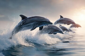 Fototapeta premium Dolphins leap gracefully through ocean waves at sunrise near the coastline, showcasing their playful nature in a mesmerizing display of agility and beauty