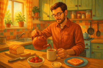Man pouring tea into mug, enjoying quiet breakfast in cozy kitchen