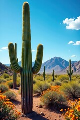 Giant saguaro cactus blooms bright orange in arid landscape , flora, stock