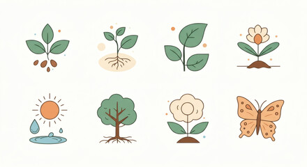 A vibrant collection of minimalist flat design vector icons illustrating plant life cycle stages, essential nature elements, and wildlife, ideal for environmental, gardening, and ecological themes.