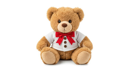 A cute teddy bear with a white shirt and red bow tie sitting on a white background image