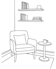 Interior design with modern living room in black sketch line on white background. Line drawing of Living room with modern furniture editable stroke. Interior design with modern living room.