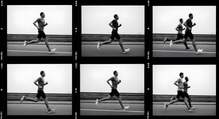 Series of black and white film strips depicting runners in motion, training outdoors.