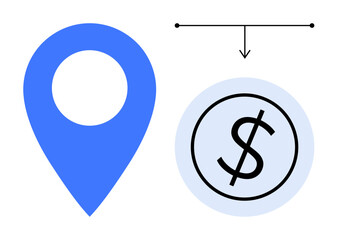 Blue location pin, dollar sign in a circle with downward arrow. Ideal for finance, business, payment, cost, location-based services, e-commerce savings. Simple flat metaphor