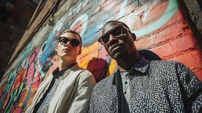 Two people wearing sunglasses stand in front of a graffiti covered wall.