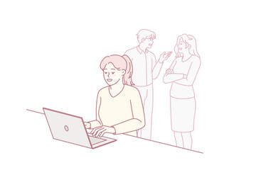 Happy young woman sit at desk work on computer distracted form colleagues talking in background. Smiling motivated female employee busy at laptop ignore social sounds. Vector illustration.