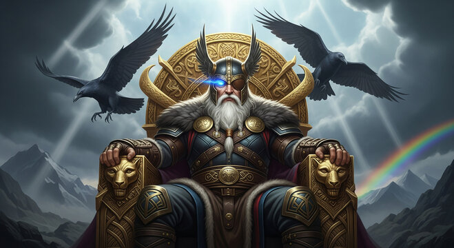 Odin, the Norse god, is seated on a golden throne flanked by ravens, with a rainbow and mountains in the background.