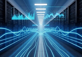 Futuristic server room with data visualizations