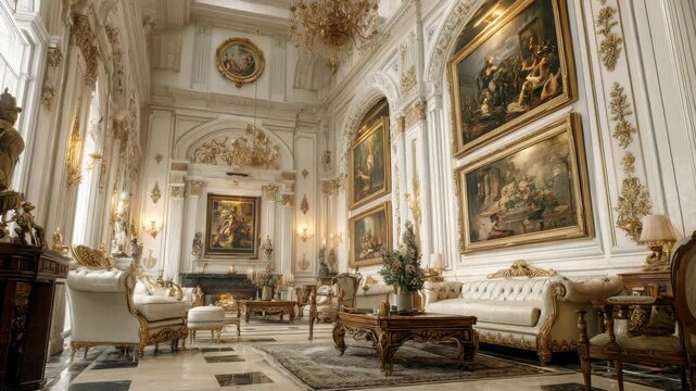 Luxurious palace interior with classical paintings