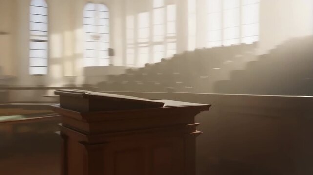Wooden podium in empty parliament or courthouse montage