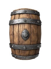 Obraz premium Aged wooden barrel with metal hoops, isolated on transparent background