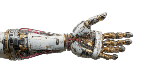 Photograph of an AI robot woman,cute robot,robot hands against a white background, in profile view.