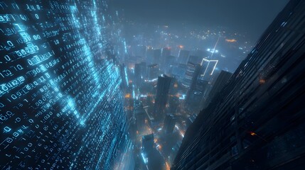 Aerial view of a futuristic city with digital data overlay on skyscrapers at night with city lights