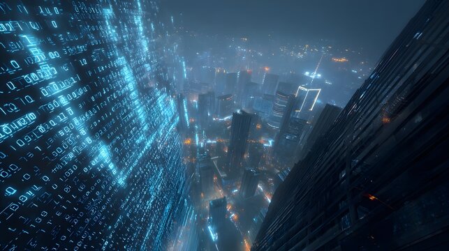 Aerial view of a futuristic city with digital data overlay on skyscrapers at night with city lights