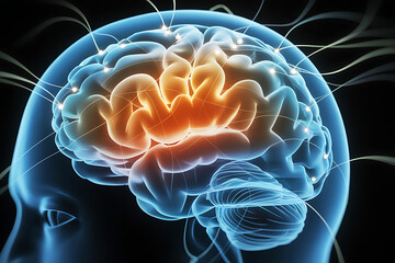 3d medical illustration of the human brain with neural activity and highlighted cortex regions showing anatomy for healthcare education and neurological research