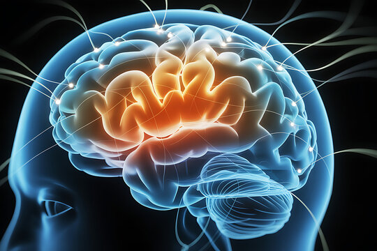 3d medical illustration of the human brain with neural activity and highlighted cortex regions showing anatomy for healthcare education and neurological research
