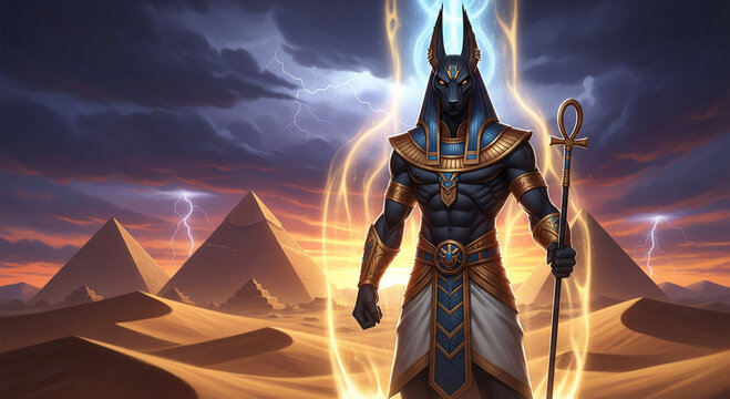Powerful Egyptian god Anubis stands before pyramids in a desert landscape, surrounded by mystical energy. - Powered by Adobe