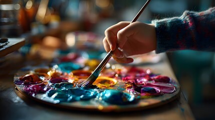 Child Mixing Paint on Wooden Palette with Brush, Rich Warm Bokeh and Studio Glow perfect for art supply advertising, workshop brochure design, creative education campaigns and craft blog headers