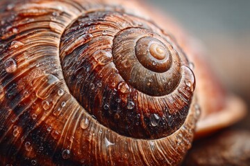 A detailed macro shot captures the beauty of a snail shell with water droplets.